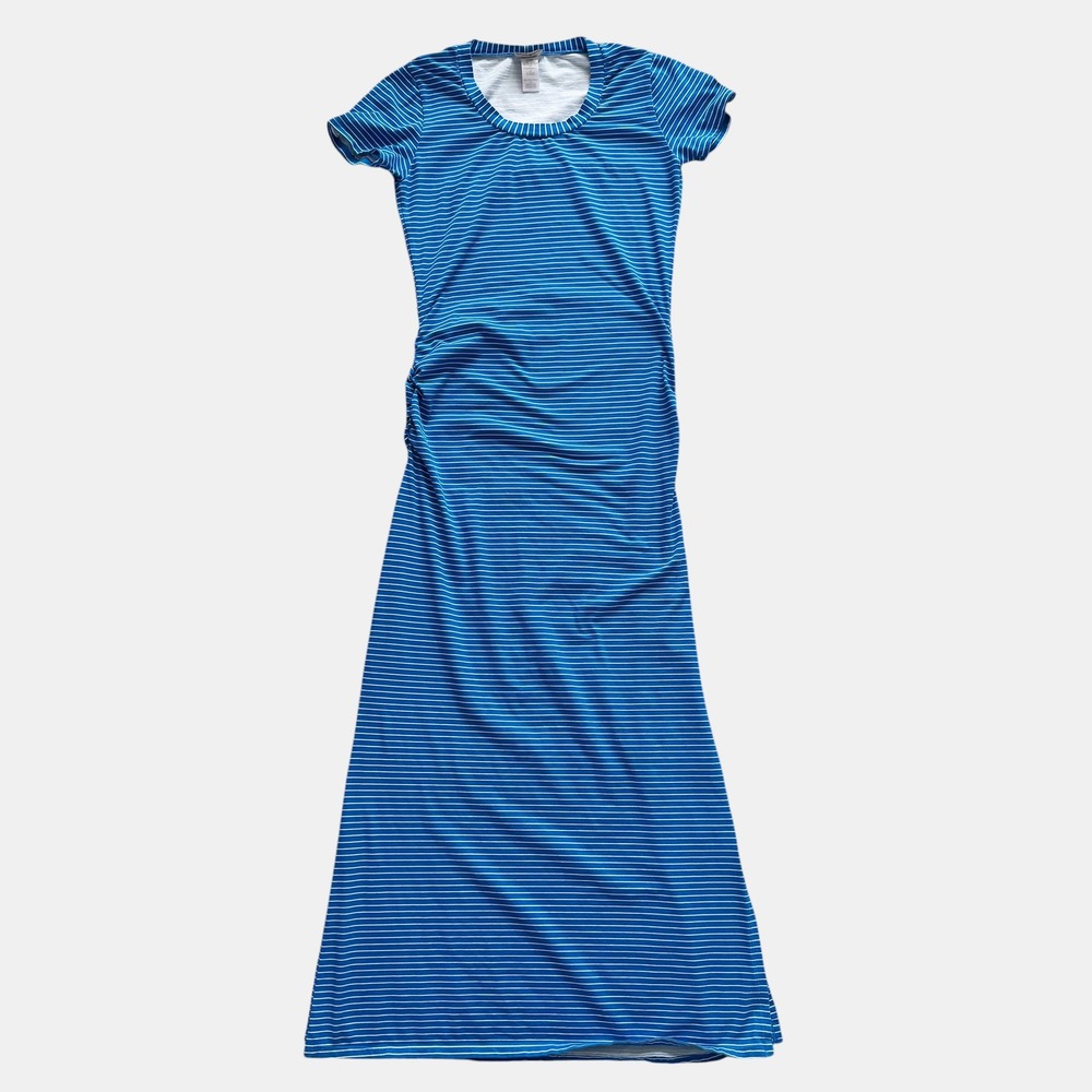 Tommy Bahama Striped Ruched Side Maxi Dress Womens Blue White Sz M Coastal